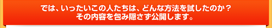 では、いったいこの人たちは、どんな方法を試したのか?その内容を包み隠さず公開します。 では、いったいこの人たちは、どんな方法を試したのか?その内容を包み隠さず公開します。